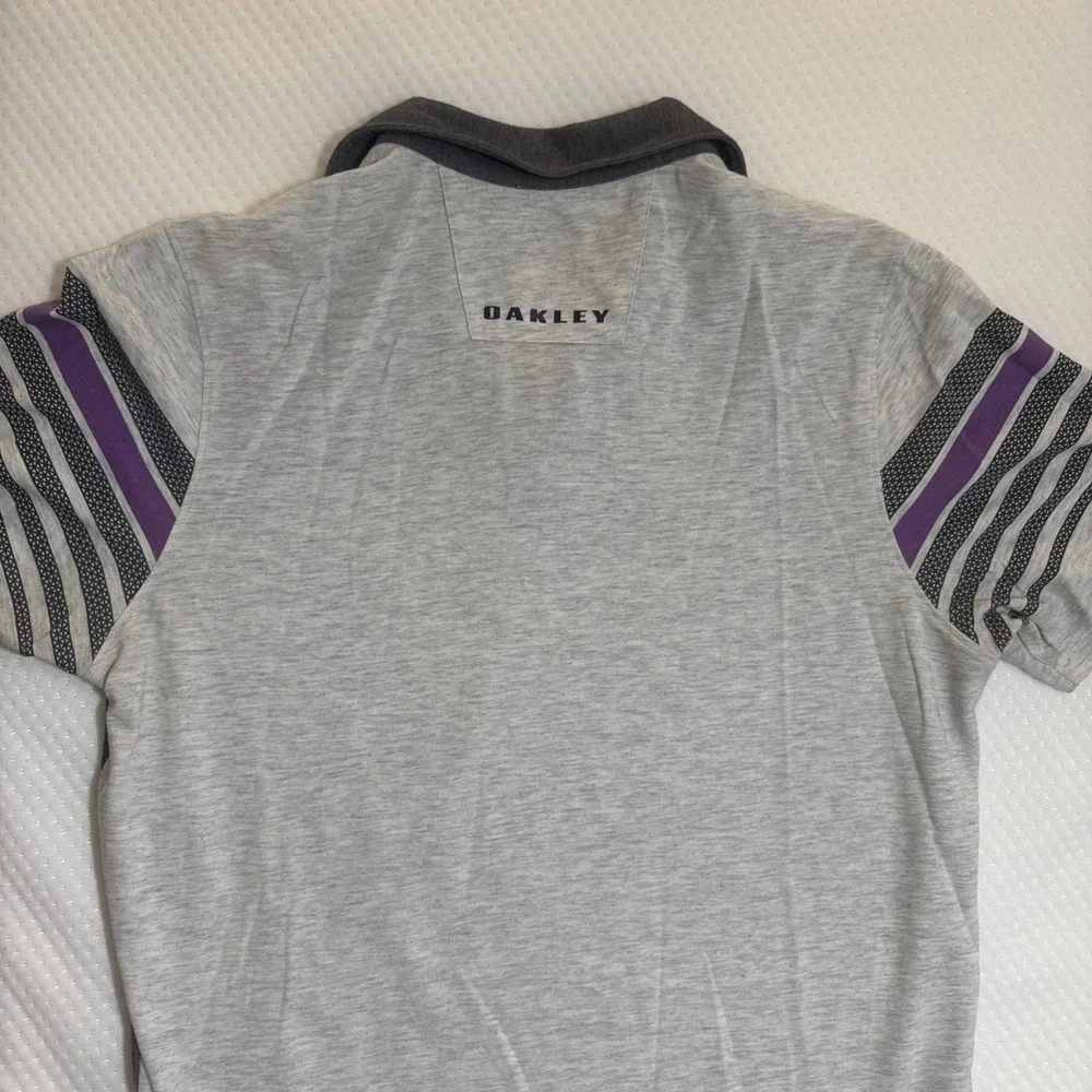 Oakley Golf Polo Shirt L Tailored‎ Fit Mens Short Sleeve Purple Striped Sleeves - Picture 7 of 9